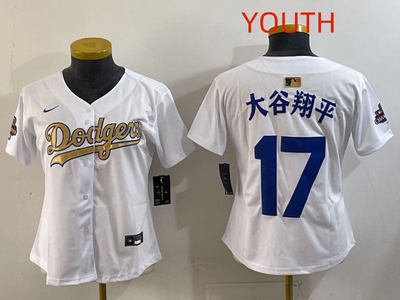 Youth Los Angeles Dodgers #17 Ohtani White Champion edition Nike MLB Jersey style 001